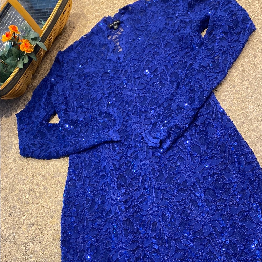Blu Sage Blue Sequin and Lace Evening Dress 8 Party Prom Sparkles